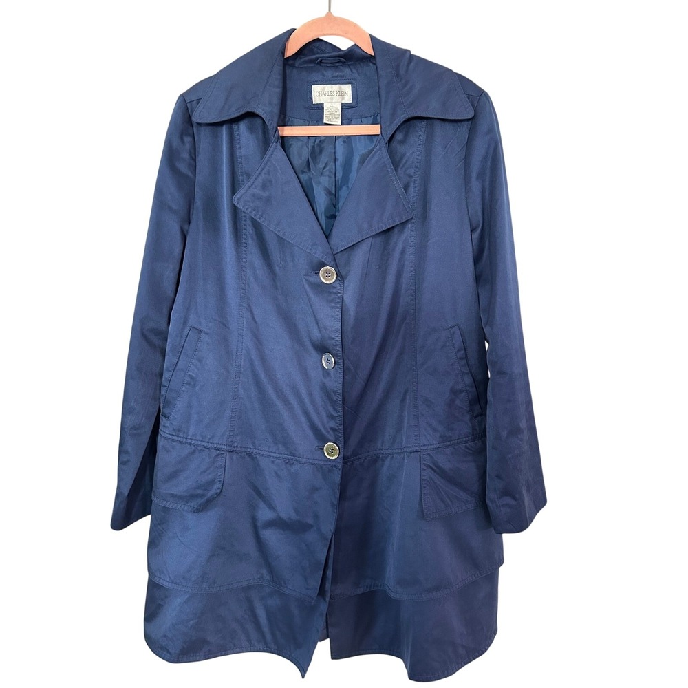 Vintage Charles Klein‎ Navy Blue Trench Coat Womens Large Button Layered Hem 90s